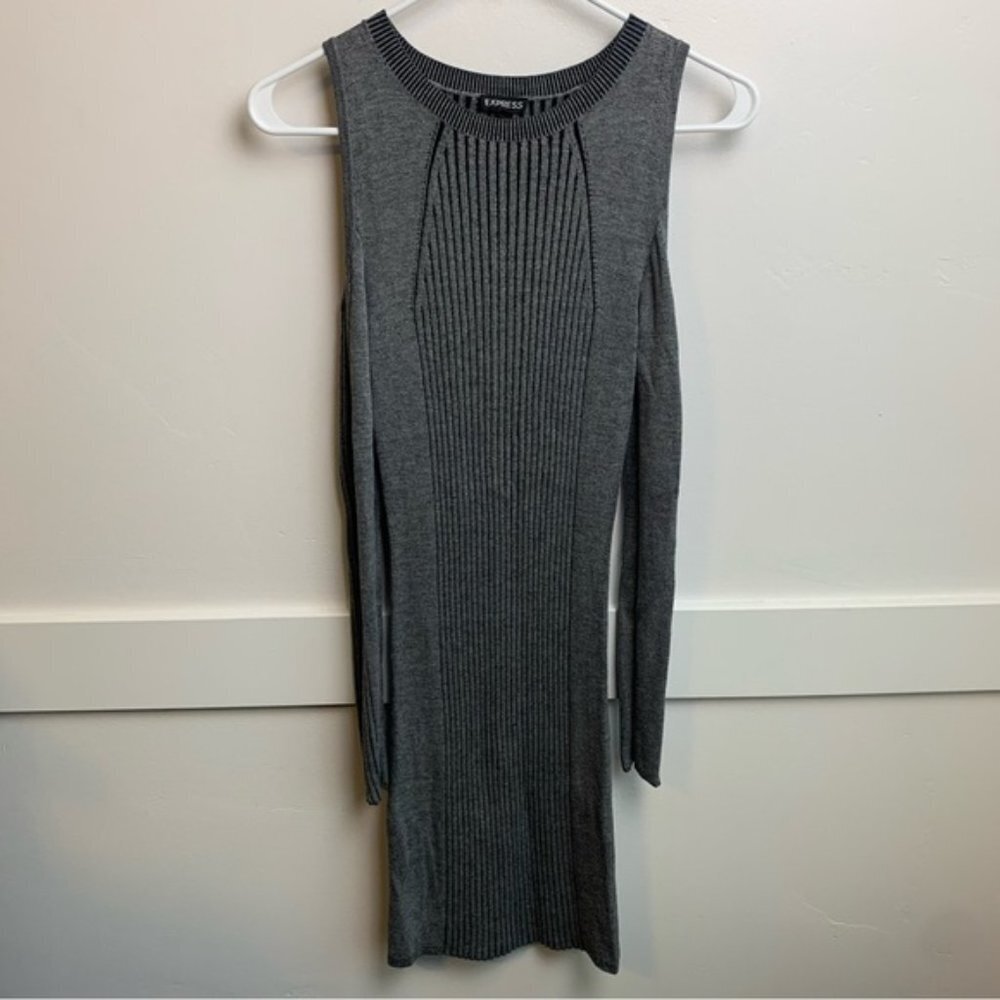 Express Gray Ribbed Cold Shoulder Long Sleeve Dress